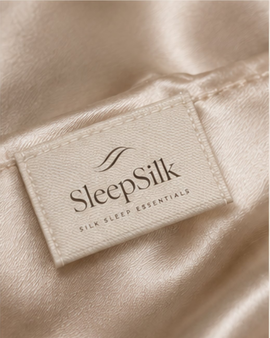 Woven SleepSilk label stitched to champagne silk.